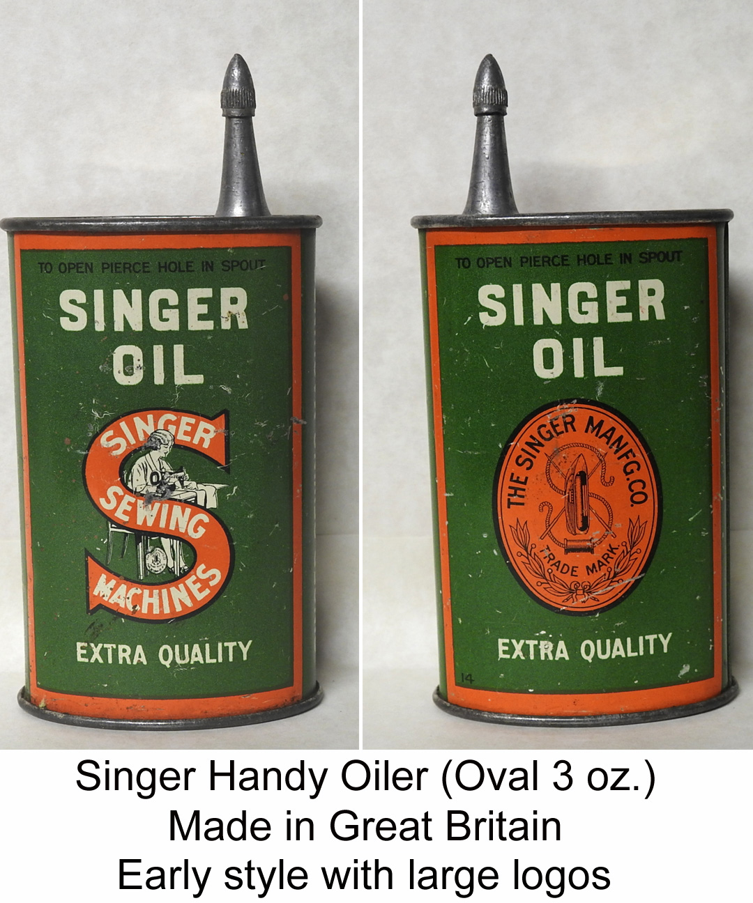 Vintage Singer Sewing Machine Oil Tin & Small Copper Oil Can. Both