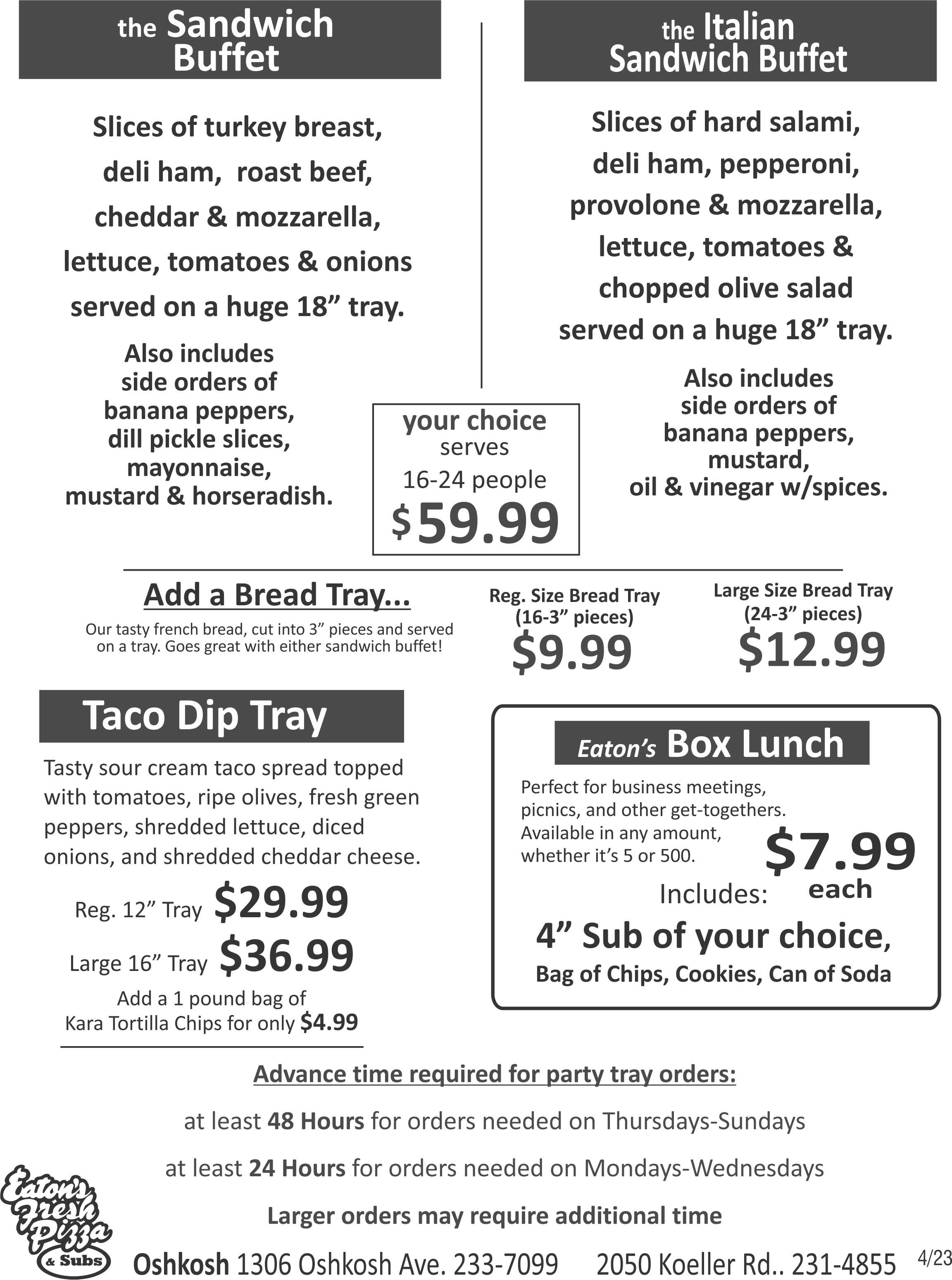 Page 1 of our Party Tray - Eaton's Fresh Pizza of Oshkosh