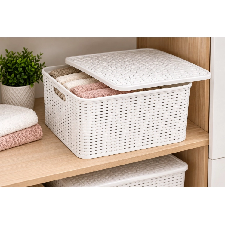 Caixa Organizadora Rattan com Tampa Branca 18 lts 38x28x18cm G - MLCR1900