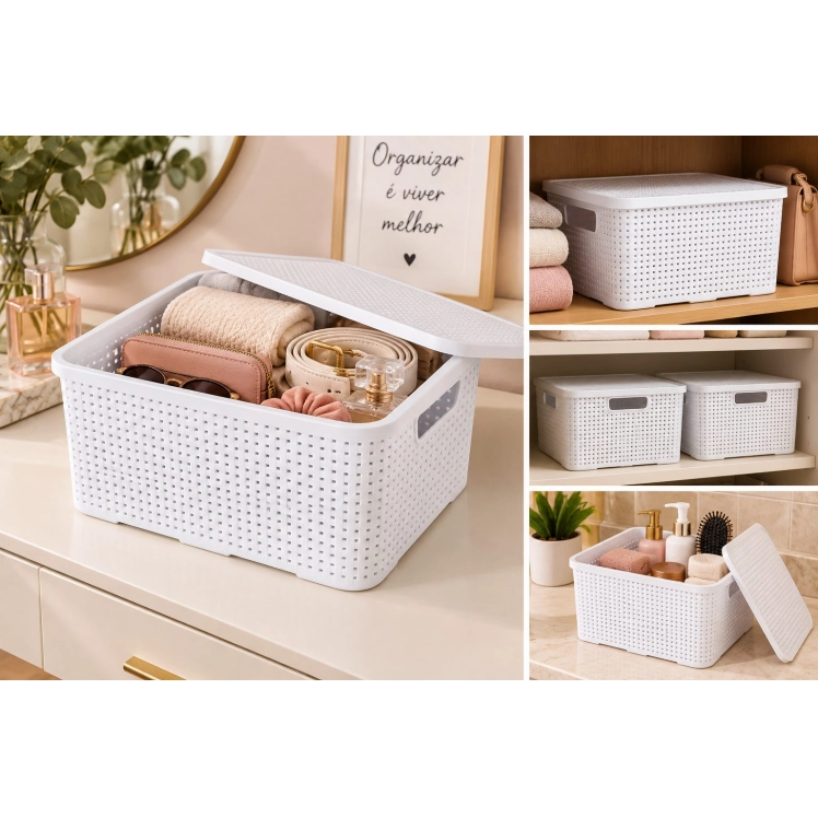 Caixa Organizadora Rattan com Tampa Branca 3,5 lts 21x16x14cm P - MLCR1950