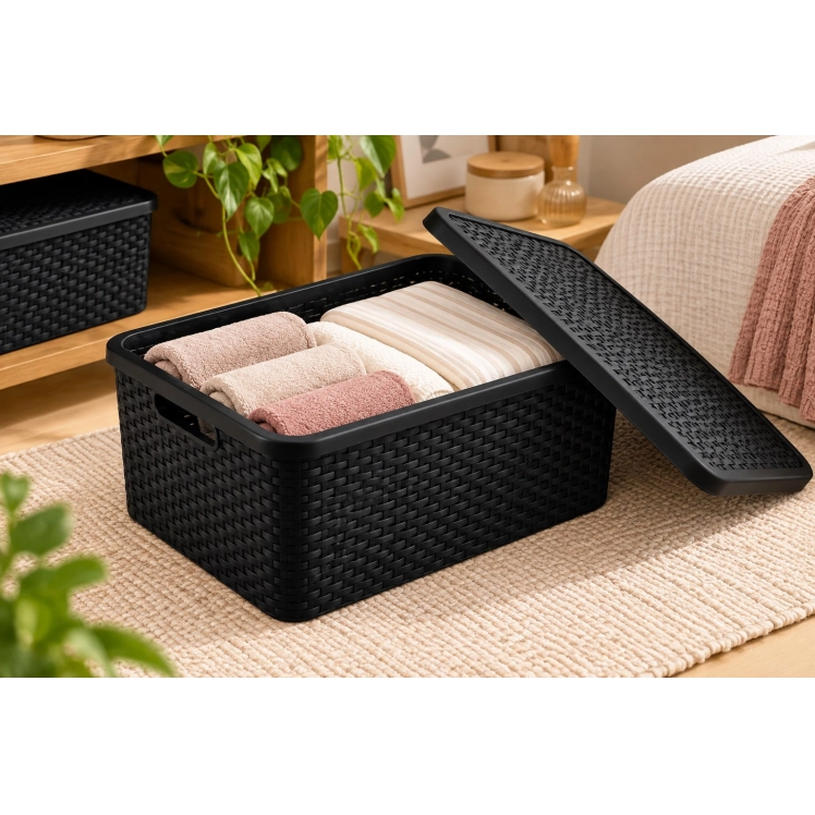 Caixa Organizadora Rattan com Tampa Preta 7 Lts 29x19x14cm M - MLCR1826