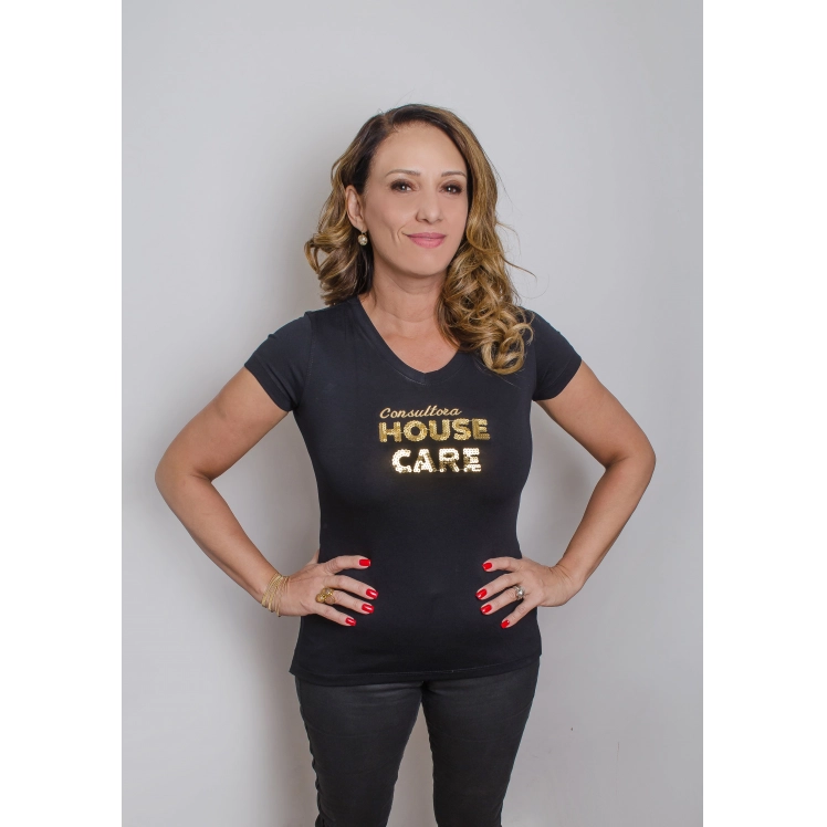 Camiseta Consultora House Care Baby Look Preta com Dourado Tam G - CBLHCDOURADAG