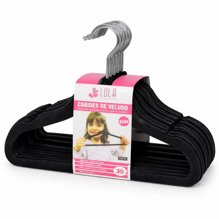 Cabide de Veludo Juvenil 35cm Preto 100 peças - CVJPR35100