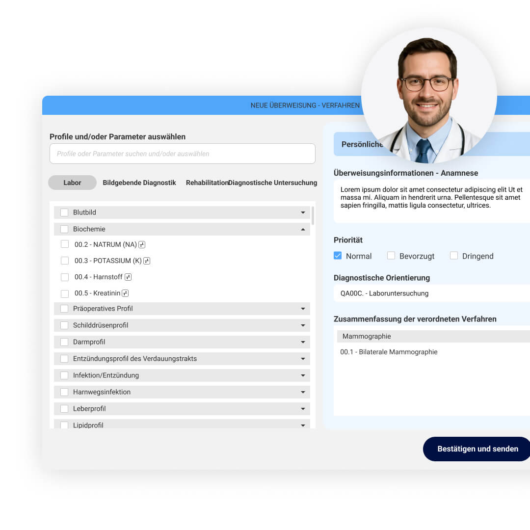Bildschirm zur Profil-Auswahl, auf dem die medizinische Fachkraft von MeetingDoctors die vom Nutzer durchzuführenden Untersuchungen auswählt.