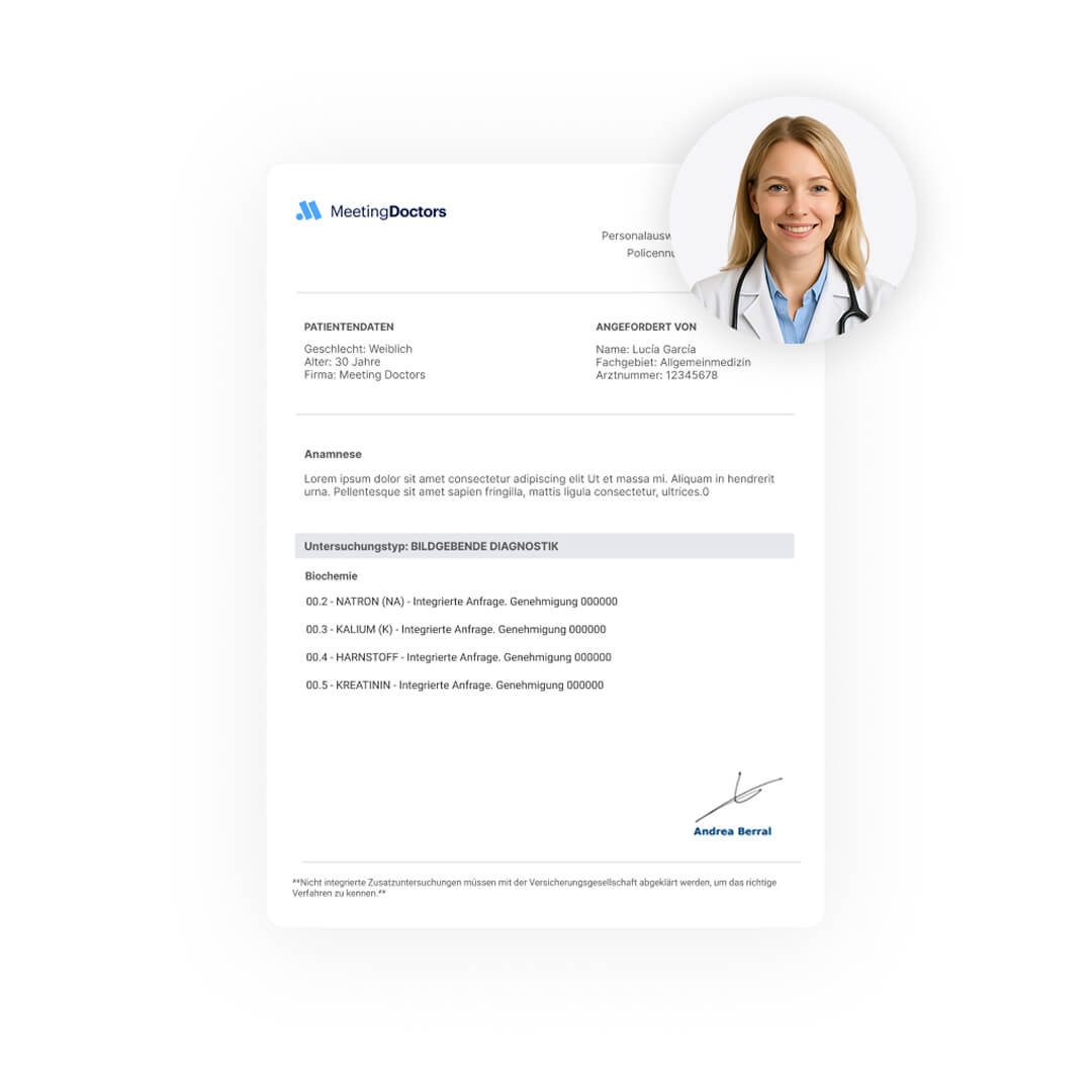 Von der Partnerversicherung von MeetingDoctors validierte Untersuchungsüberweisung, mit der der Nutzer direkt in die Einrichtung gehen und seine medizinischen Untersuchungen durchführen lassen kann, ohne einen vorherigen Besuch zu benötigen.