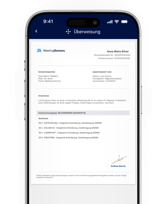 Pantalla del servicio de telemedicina para aseguradoras de MeetingDoctors mostrando una autorización de pruebas médicas, entregada en PDF por el profesional médico desde el chat y válida en los centros de la aseguradora