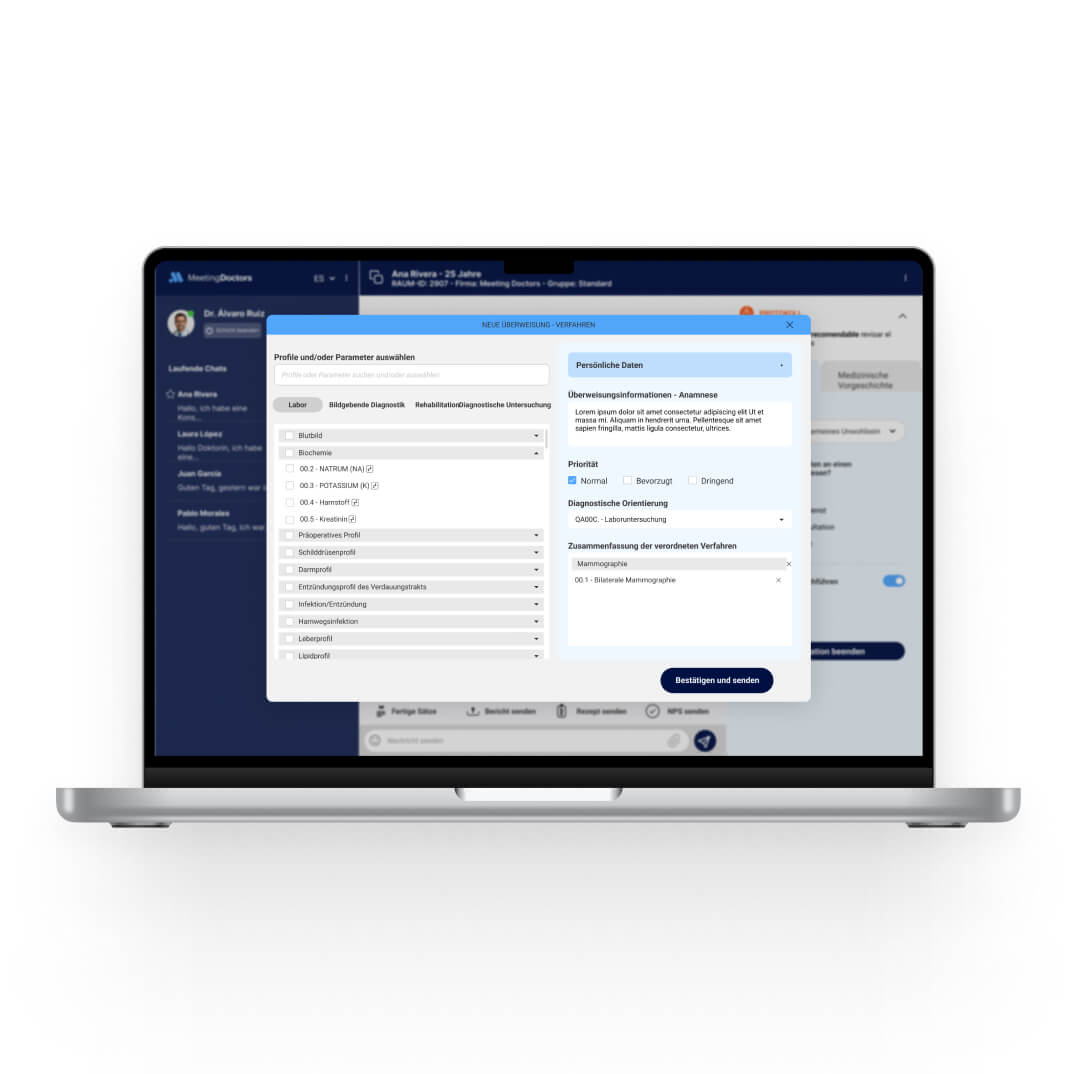 Bildschirm der Arbeitsplattform des medizinischen Fachpersonals von MeetingDoctors, auf dem gezeigt wird, wie die Fachkraft die Art der medizinischen Untersuchung auswählt, die der Nutzer durchführen lassen muss, und eine Überweisung ausfüllt, mit der der Nutzer sich in der Gesundheitseinrichtung vorstellt.