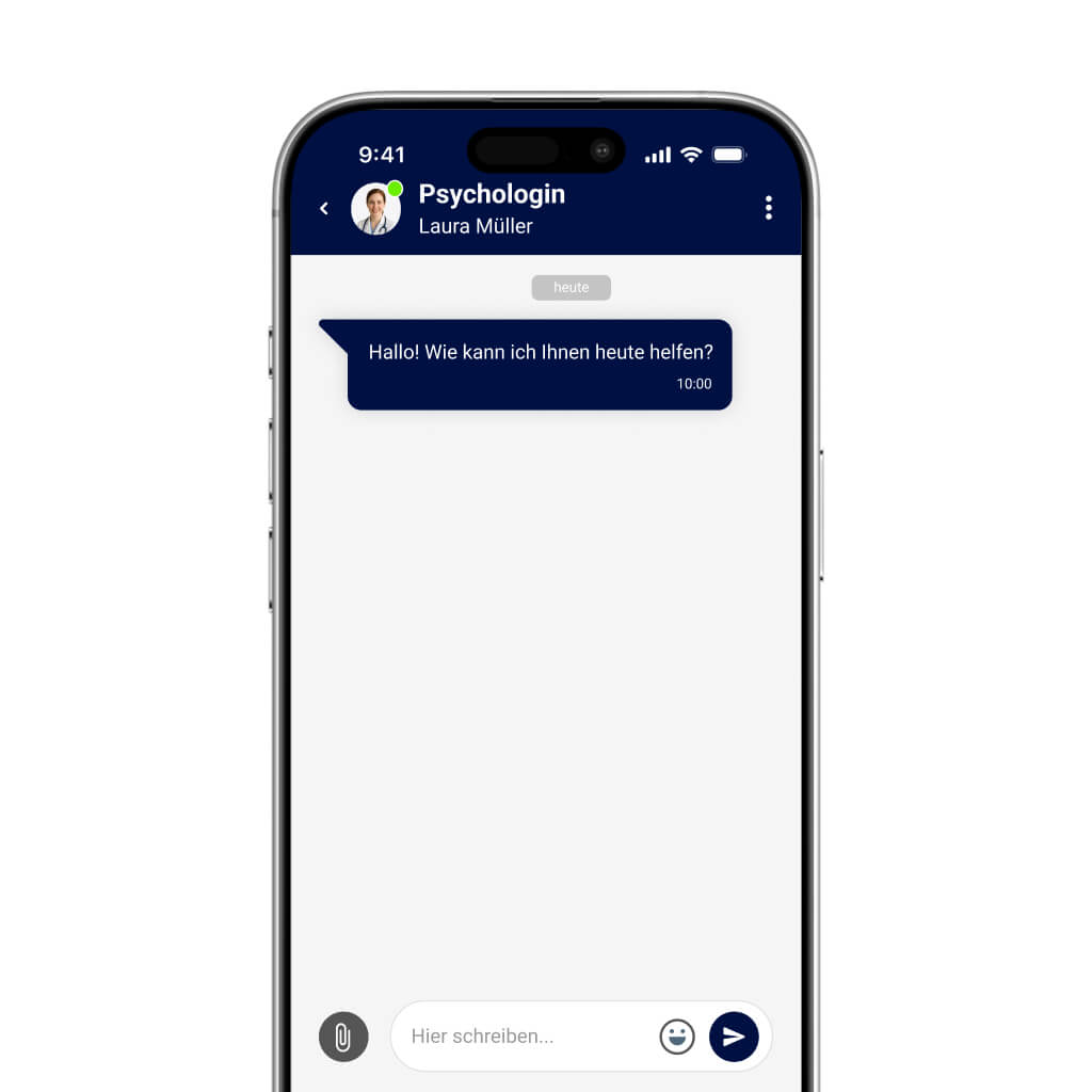 Chat-Bildschirm mit Psycholog:innen, die auf betriebliche Psychologie spezialisiert sind, von MeetingDoctors.