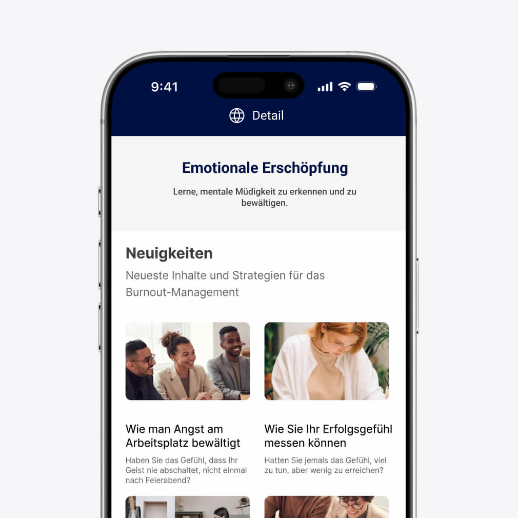Bildschirm mit Inhalten zum Thema "Emotionale Erschöpfung" im Rahmen des Plans für Psychische Gesundheit und Burnout-Management von MeetingDoctors.