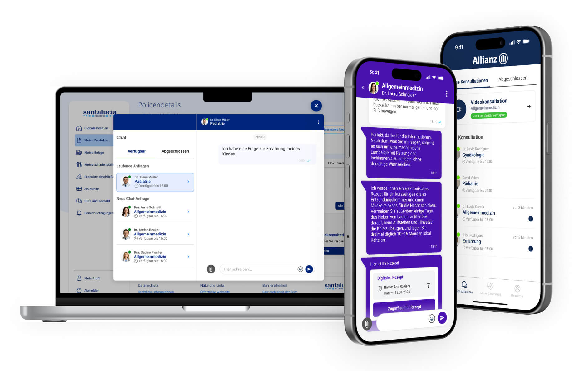 Ejemplos de integraciones del servicio de consulta médica digital de MeetingDoctors. Se muestra un widget web de telemedicina, una aplicación nativa de telemedicina y la teleconsulta integrada a través de SDK en la app de un cliente