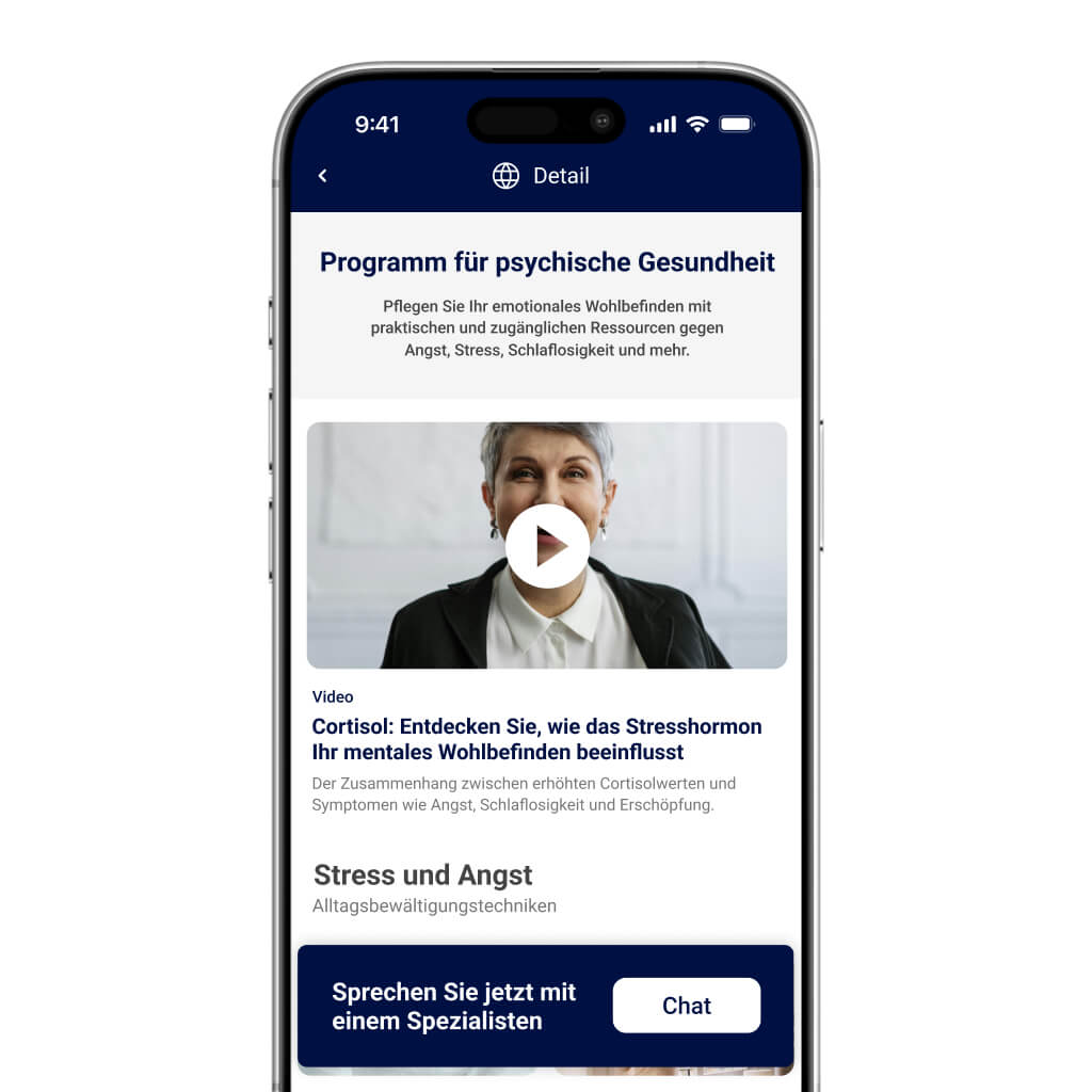 Startbildschirm des Programms für mentale Gesundheit von MeetingDoctors, mit Bildungsinhalten und Videos.