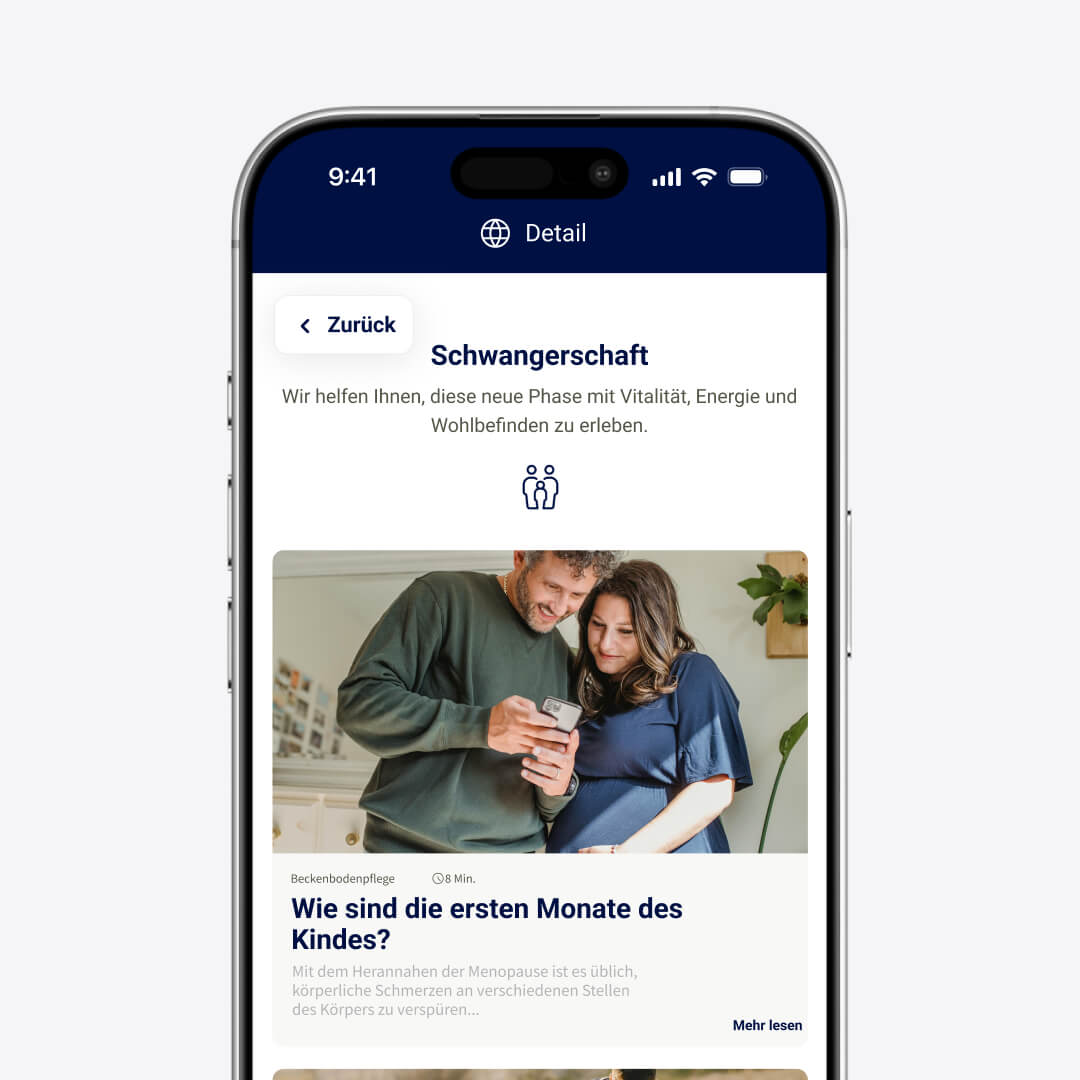 Bildschirm mit Artikeln zur Schwangerschaft im Rahmen des Erstelternfamilien von MeetingDoctors für Unternehmen und Versicherungen.