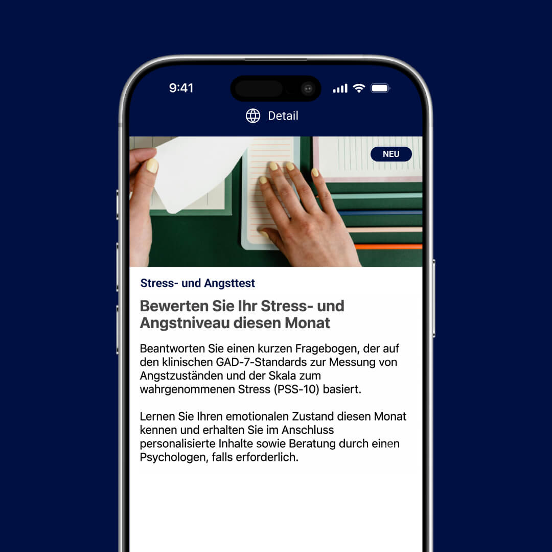 Bildschirm des Stress- und Angsttests des Mental-Health-Plans von MeetingDoctors, auf dem Mitarbeitende eines Unternehmens oder Kunden einer Versicherung Bewertungen zu ihrem psychischen Gesundheitszustand, Stressmanagement und mehr durchführen können.