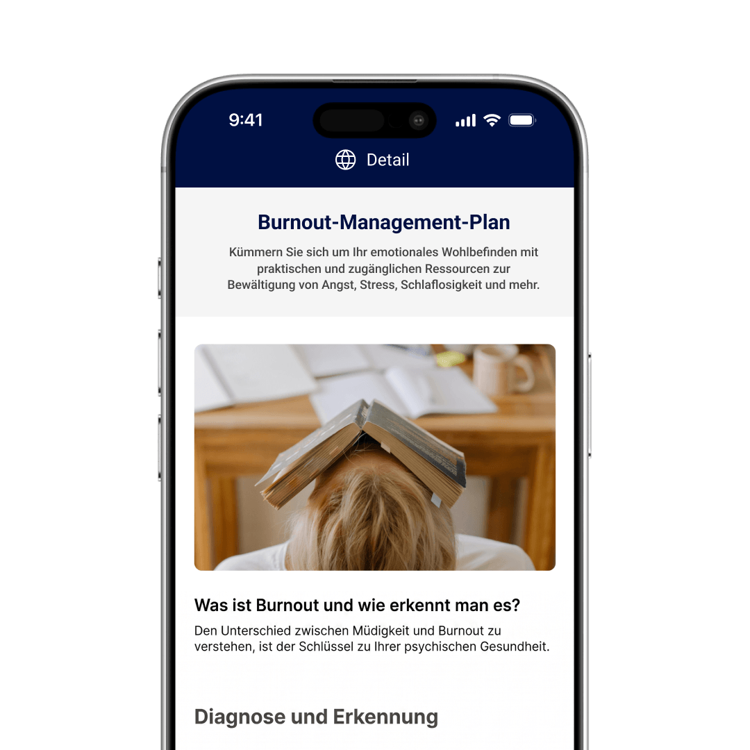 Startbildschirm des Burnout-Management-Plans für Mitarbeitende von MeetingDoctors mit Informationsartikeln und Leitfäden zum Umgang mit Burnout.