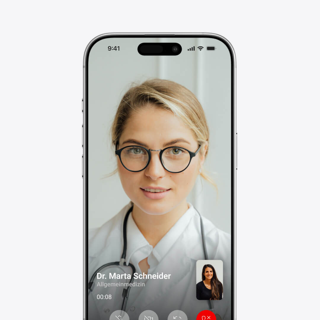 Bildschirm einer Videosprechstunde mit einer Allgemeinmedizinerin im digitalen Gesundheitsservice von MeetingDoctors.
