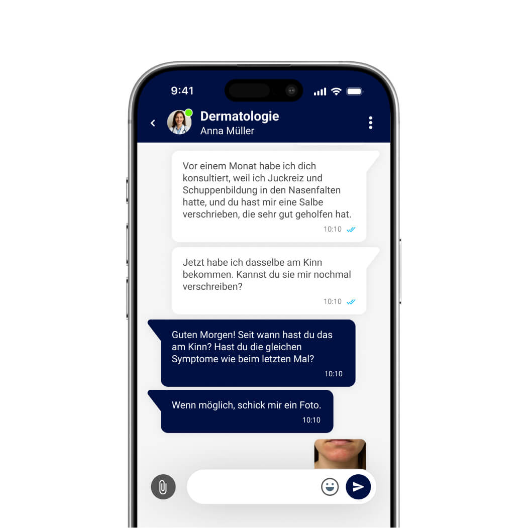 Pantalla del chat médico inmediato de MeetingDoctors en la que se muestra una conversación en la que un usuario realiza una consulta de salud y solicita una receta médica digital a un doctor especialista de MeetingDoctors