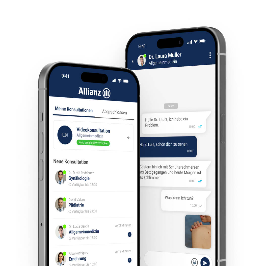 Beispielbildschirme der App von Allianz Salud, entwickelt von MeetingDoctors