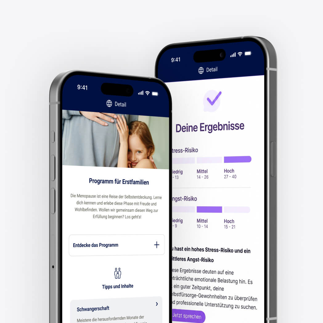 Zwei Bildschirme der Gesundheitsprogramme für Unternehmen von MeetingDoctors, mit dem Programm für frischgebackene Eltern und einem Test zur Einschätzung des Stress- und Angstniveaus.