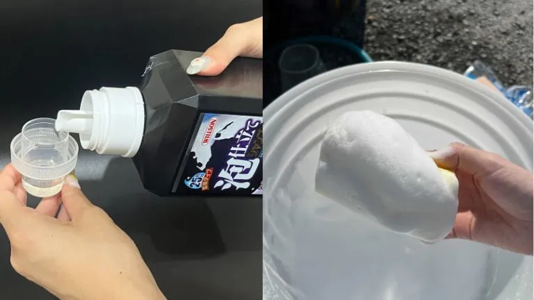 ウィルソン「泡仕立てシャンプーコーティング車用」で、キャップに洗剤を入れている画像と、それで作られた泡の画像です。