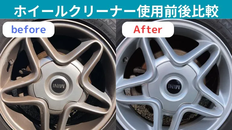 ホイールクリーナーの使用前後を比較した画像です。明らかに使用した場合は綺麗になっています。