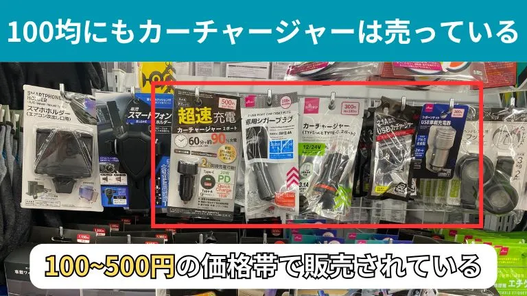 100均にもカーチャージャーは販売しています。この画像は、実際にダイソーにてカーチャージャーが陳列されている画像になります。