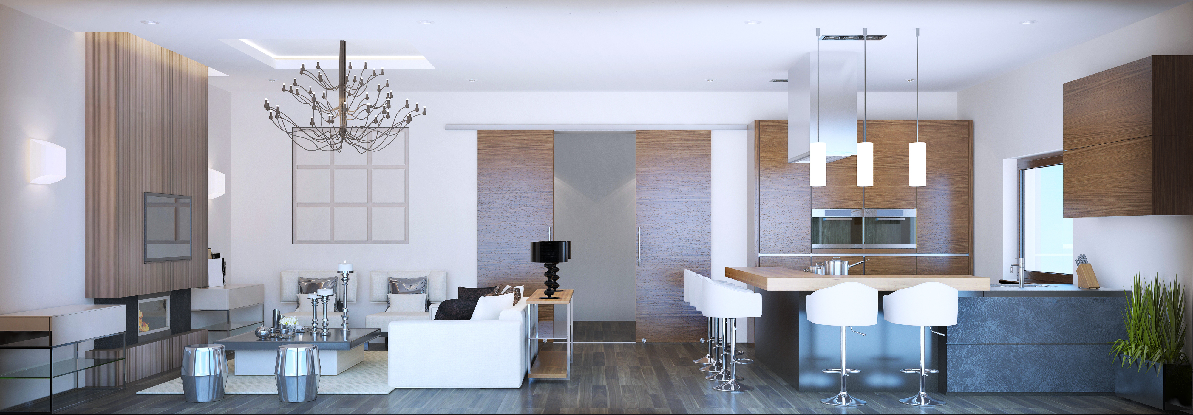 Modern open-concept living space featuring a sleek kitchen and elegant living area with stylish decor, ideal for contemporary lifestyles.