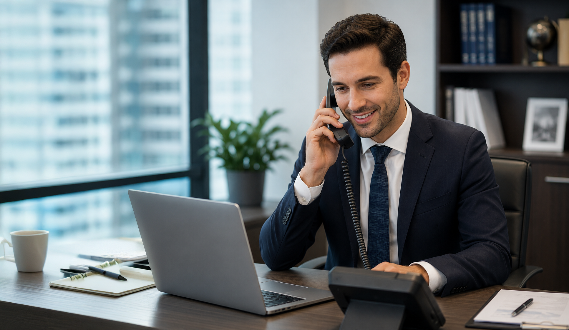 Businessman in a suit smiles while speaking on the phone