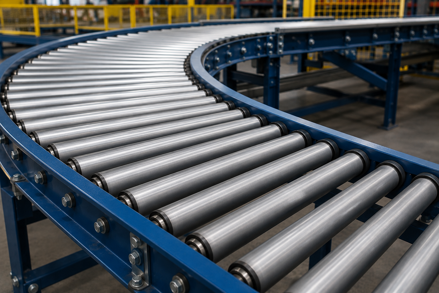 Curved roller conveyor system in a warehouse setting