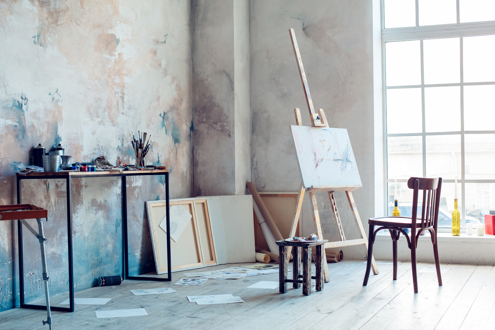 Art studio bathed in natural light.