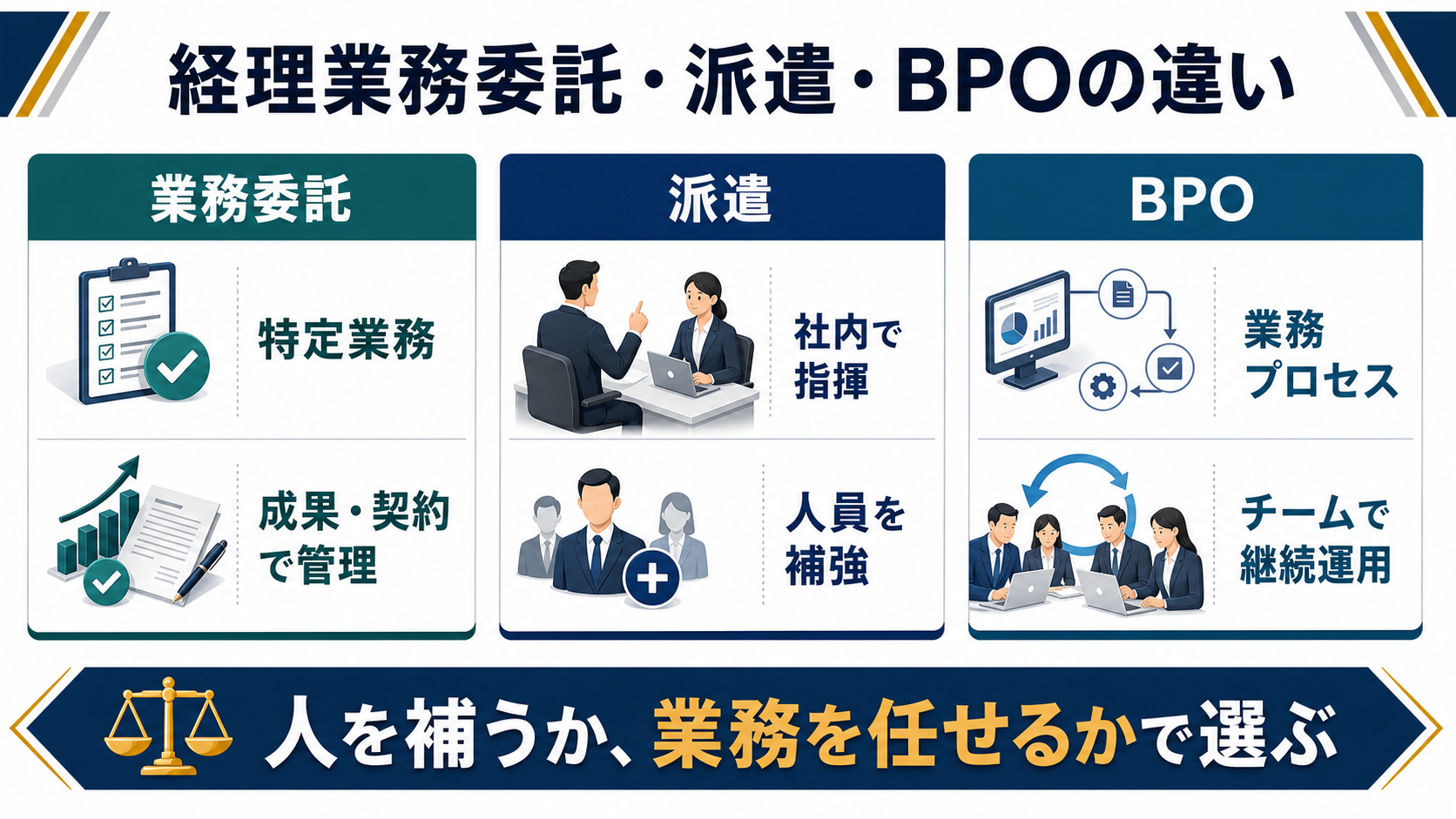 経理業務委託・派遣・BPOの比較