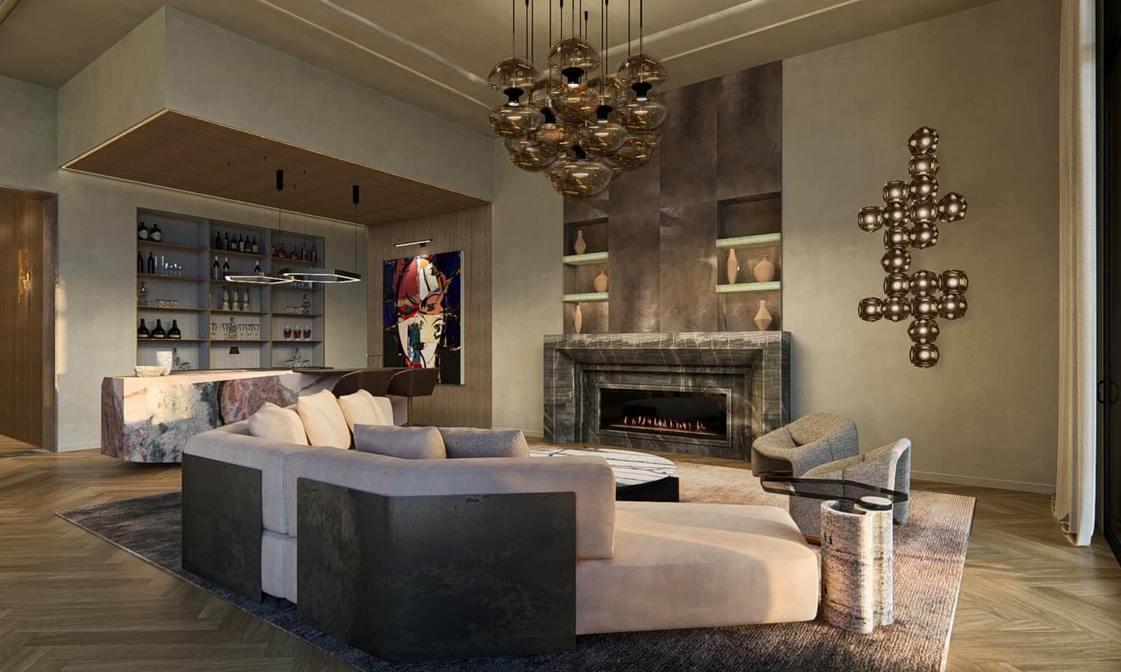 A modern luxury living room by ZAID Studios, featuring a sculptural Henge chandelier, custom stone bar, architectural lighting, and a contemporary fireplace.
