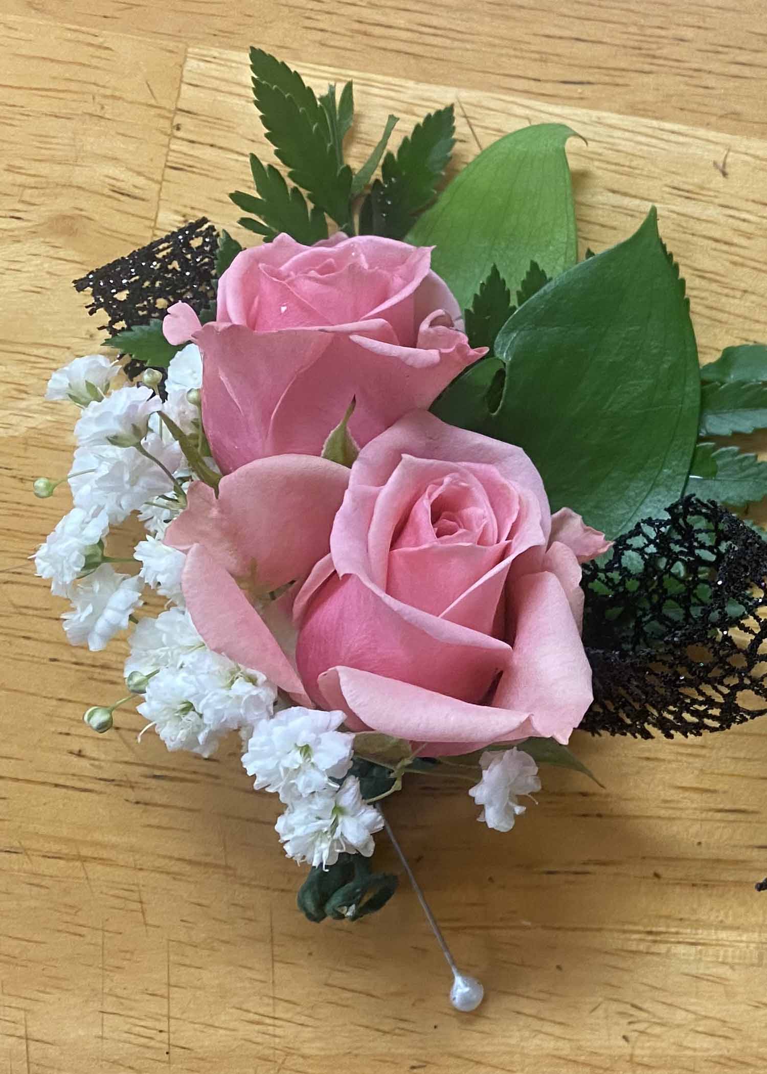 Light Pink and White Wrist Corsage w/ bling and Silver Bow