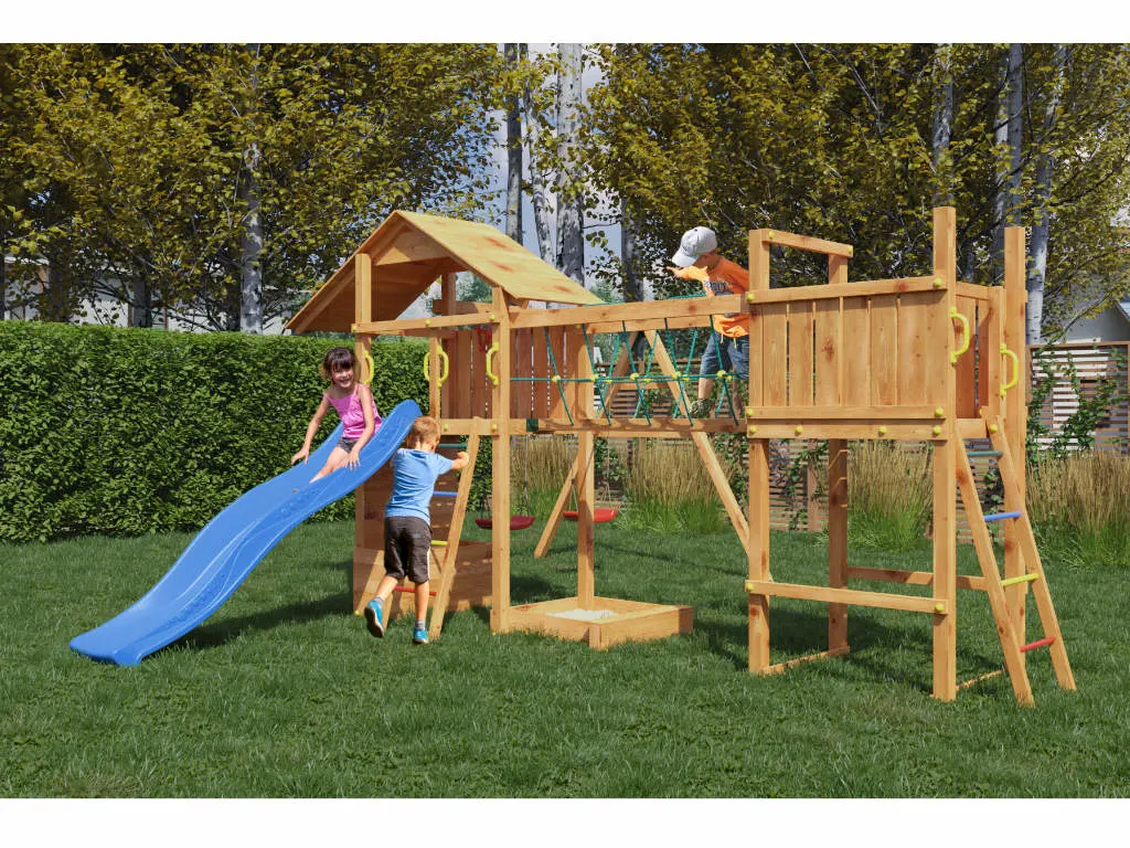 Spielturm Smart 4 Bridge teakfarben inkl. Rutsche blau Produktbild #2