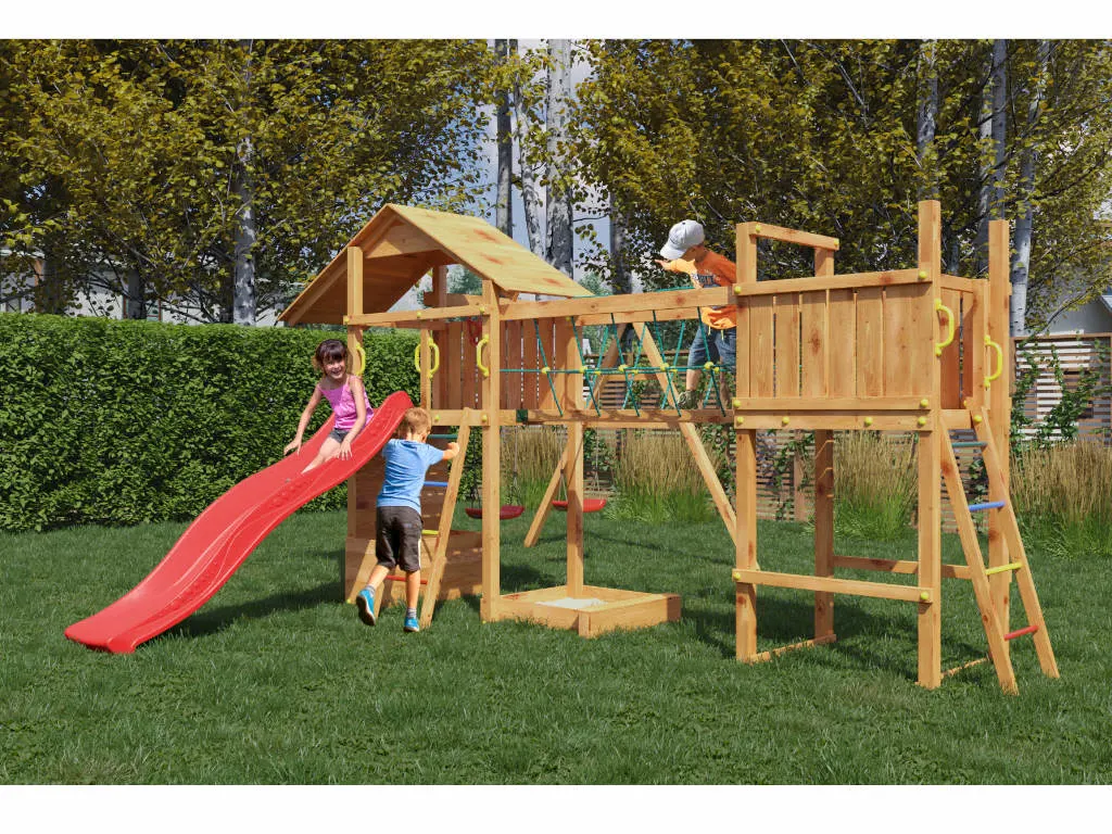 Spielturm Smart 4 Bridge teakfarben inkl. Rutsche rot Produktbild #2