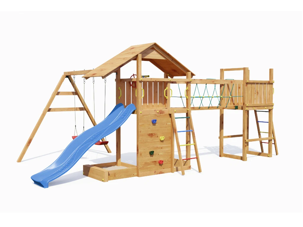 Spielturm Smart 2 Bridge teakfarben inkl. Rutsche blau Produktbild #5