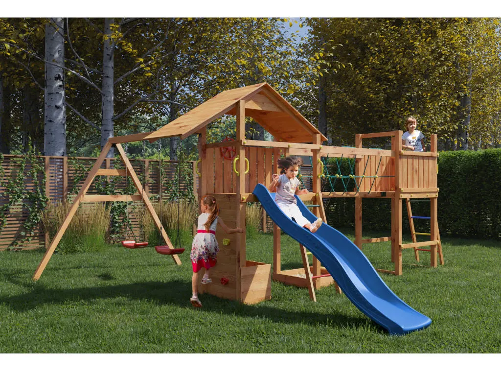 Spielturm Smart 4 Bridge teakfarben inkl. Rutsche blau Produktbild #1