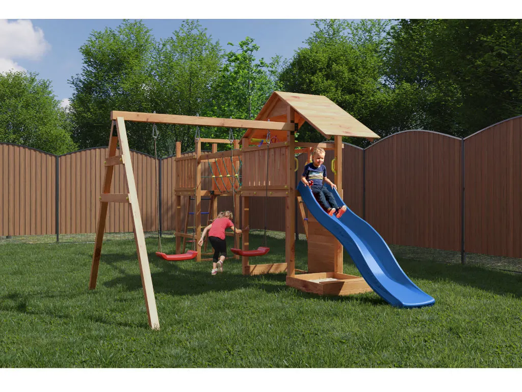 Spielturm Smart 2 Bridge teakfarben inkl. Rutsche blau Produktbild #2
