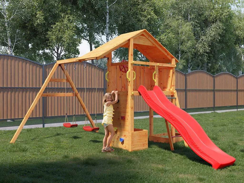 Spielturm Smart 4 teakfarben inkl. Rutsche rot Produktbild #1