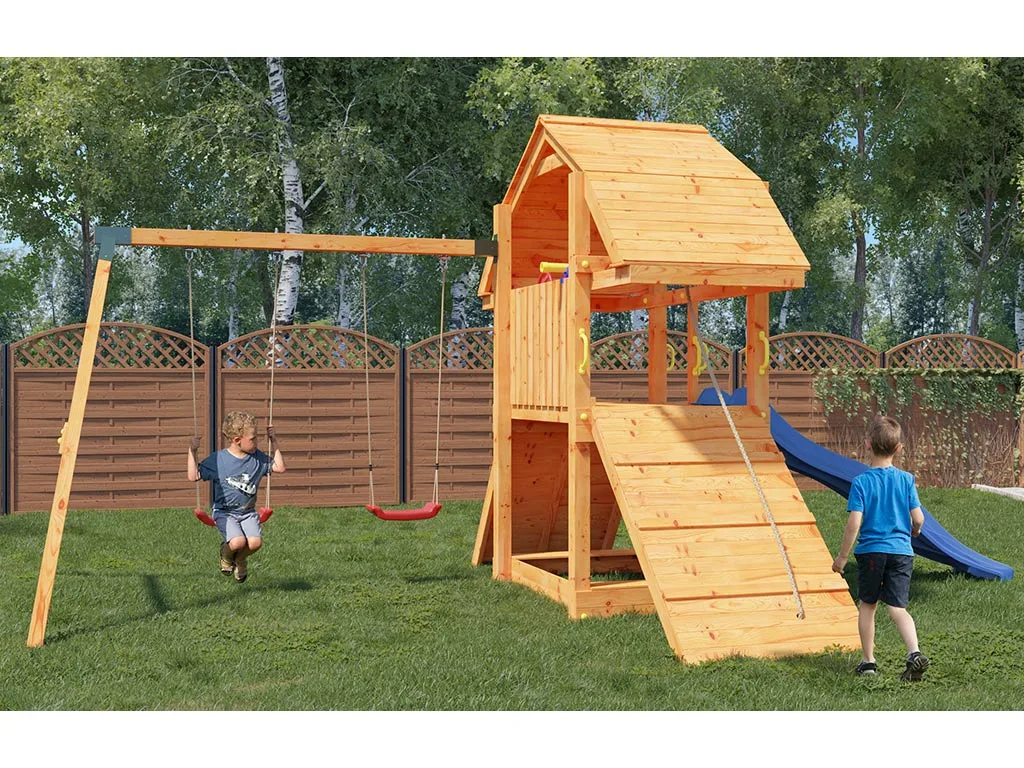 Spielturm Buffalo teakfarben inkl. Doppelschaukel + Rutsche blau Produktbild #3