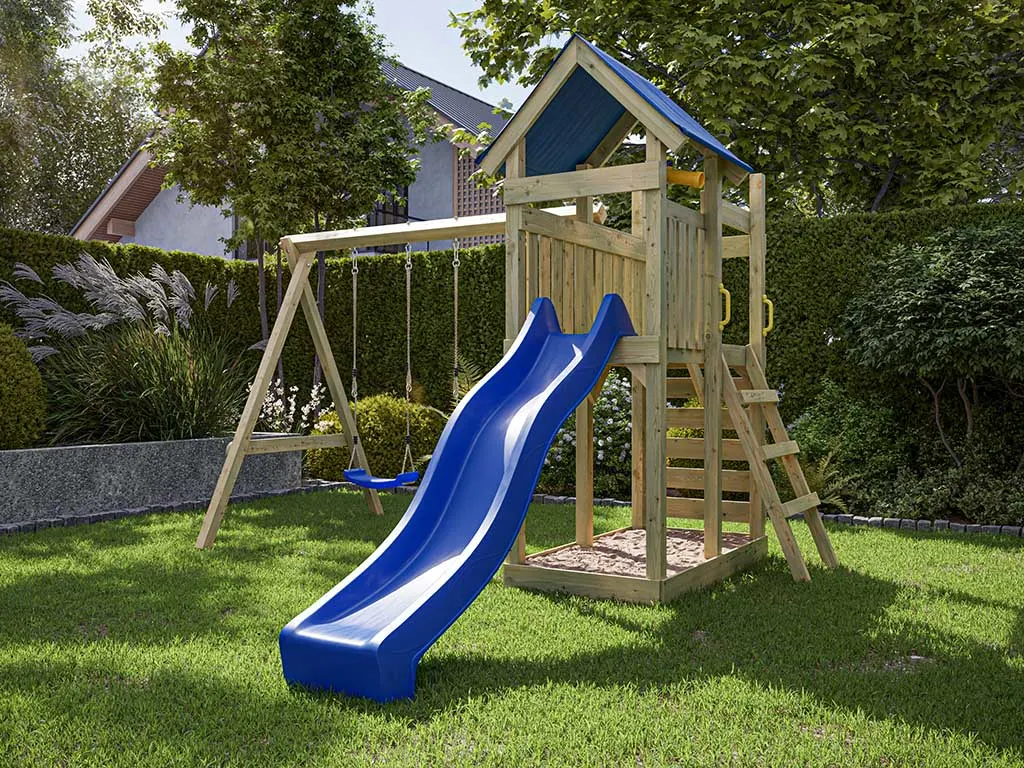 Spielturm Speedy KDI inkl. Doppelschaukel inkl. Rutsche blau + Sitze blau Produktbild #1