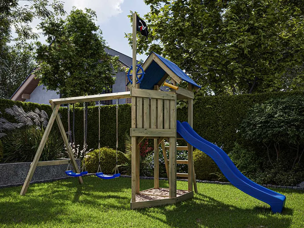 Spielturm Pirat Captain Jolly KDI mit Doppelschaukel inkl. Rutsche blau + Sitze blau Produktbild #1