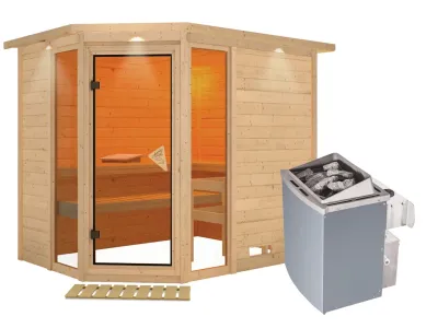Sauna Massivholzsauna Sinai 3 mit Dachkranz, inkl. 9 kW Saunaofen integr. Steuerung Produktbild #2