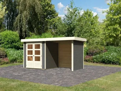 Gartenhaus Askola 2 19 mm terragrau inkl. 2,4 m Anbaudach + Seiten- und Rückwand Produktbild #1