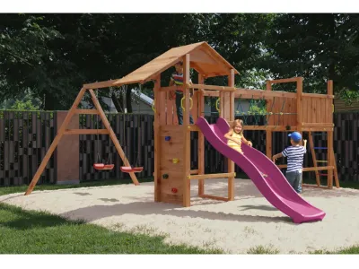 Spielturm Smart 5 Bridge teakfarben inkl. Rutsche pink Produktbild #1