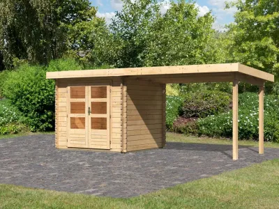 Gartenhaus Blockbohlenhaus SET Bastrup 2 28 mm naturbelassen, inkl. 3 m Anbaudach Produktbild #1