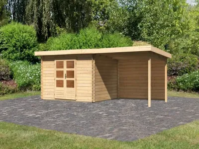 Gartenhaus Blockbohlenhaus SET Bastrup 7 28 mm naturbelassen, inkl. 3 m Anbaudach + Rückwand Produktbild #1