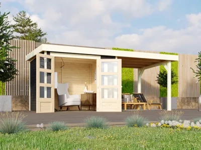 Gartenhaus Kerko 3 19 mm terragrau inkl. 2,4 m Anbaudach Produktbild #4