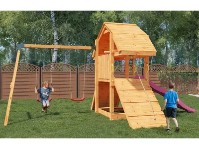 Spielturm Buffalo teakfarben inkl. Doppelschaukel + Rutsche pink Produktbild #3