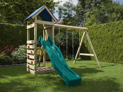 Spielturm Easy KDI inkl. Doppelschaukel inkl. Rutsche türkis + Sitze grün Produktbild #1