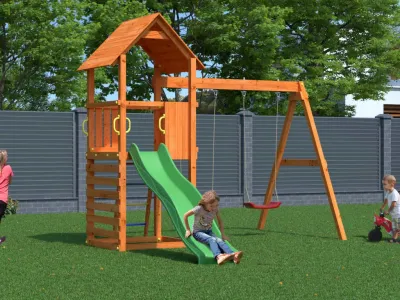 Spielturm Bento A teakfarben inkl. Rutsche grün Produktbild #1